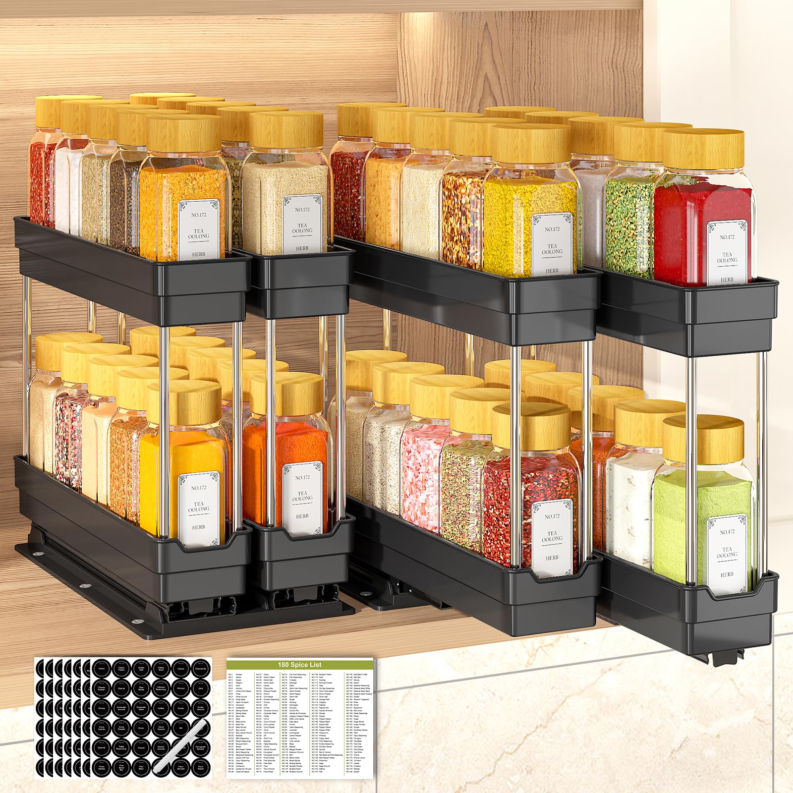 Photo 1 of 2 Pack Pull Out Spice Rack Organizer for Cabinet, Slide Out Seasoning Kitchen Organizer, Heavy Duty Spice Cabinet Organizers with Labels for Kitchen Pantry, 5.3" W x10.7 D x10 H, 4 Drawers, 2-Tier