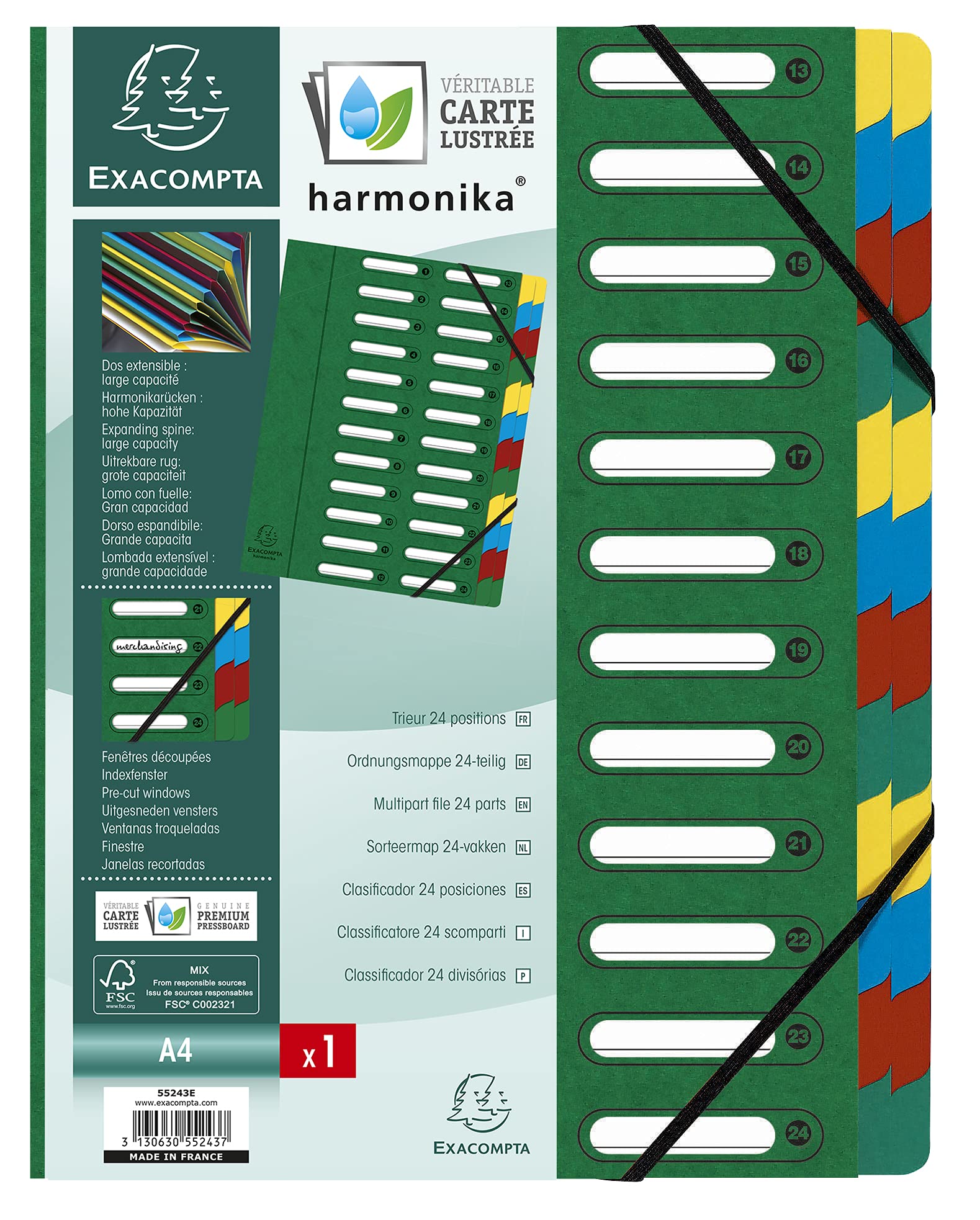Exacompta - Ref 55243E - Harmonika Multipart File - 24.5 x 32cm in Size, Suitable for A4 Documents, 24 Multi-Coloured Tabbed Sections, Premium Pressboard Cover - Green Cover