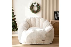 MAXYOYO Giant Bean Bag Chair, Oversized Bean Bag Couch for Adults and Kids, Faux Fur Shell-Shaped Large Chair with Filler, Stuffed Big Accent Sofa Lounge Floor Sofa for Gaming, Reading, Beige