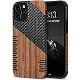 TENDLIN Compatible with iPhone 12 Pro Max Case Wood Grain with Carbon Fiber Texture Design Leather Hybrid Slim Case (Twill)
