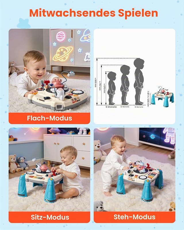 Aktivitätstisch, Spieltisch inkl. 12 Spiele & 60 Klangquellen, Lerntisch mit Weltraumthema, Sanft Leuchtendem Sternenprojektor, Interaktiver Kindertisch, Entdeckertisch für Kinder 6-18 Monate