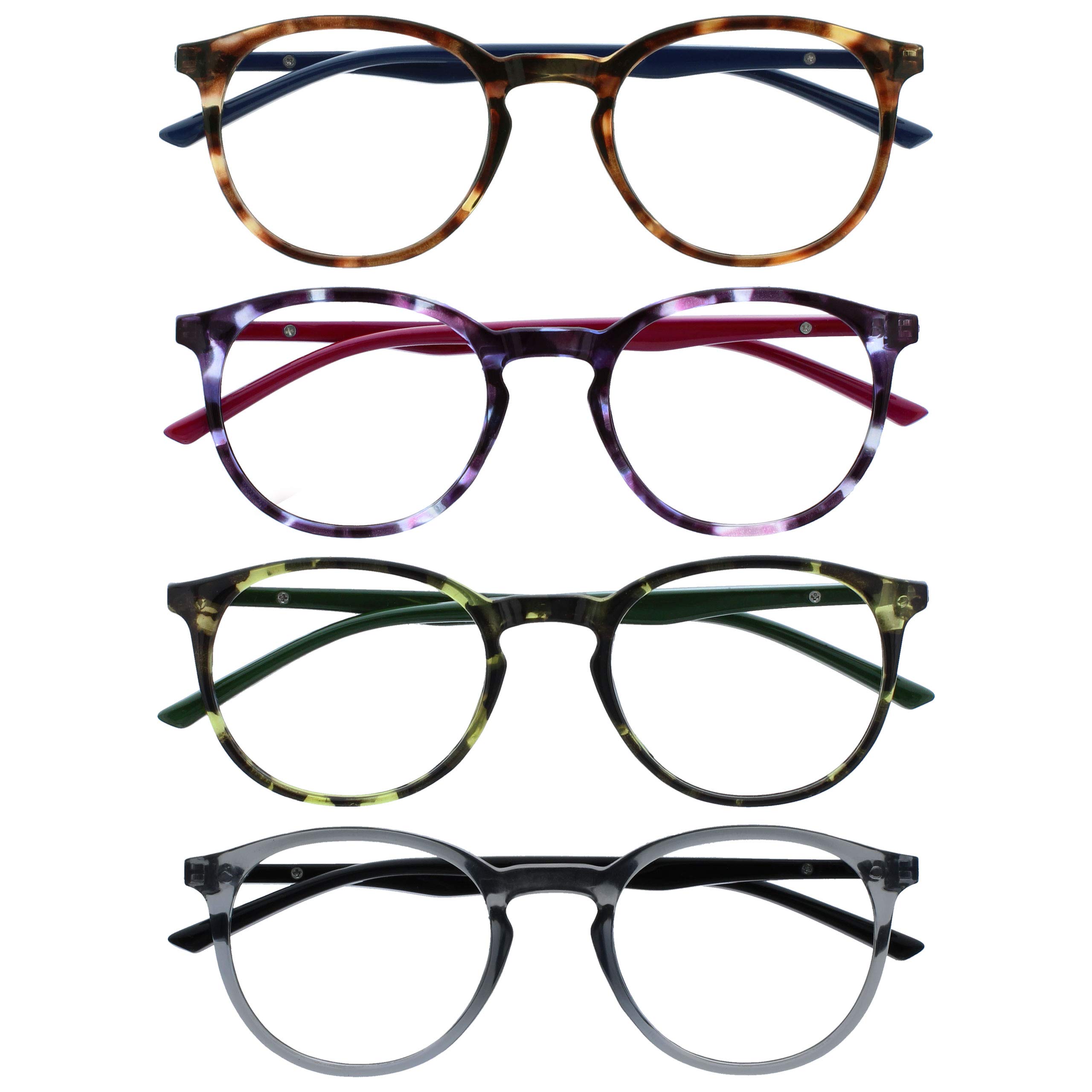 OPULIZE MET Reading Glasses for Women Men, Slim Round Frame with Spring Hinges and Scratch Resistant, Brown,Purple,Green,Grey +2.5 (Pack of 4)