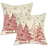 Fahrendom Pink Christmas Tree Decorative Throw Pillow Covers 18 x 18 Set of 2, Xmas Snowflake Porch Patio Outdoor Pillowcase, Winter Holiday Gold Polka Dots Sofa Couch Cushion Case Home Decor
