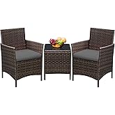 Greesum 3 Pieces Patio Furniture Sets Outdoor PE Rattan Wicker Chairs with Soft Cushion and Glass Coffee Table for Garden Bac