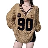 OYOANGLE Women's Number Graphic Cable Knit Sweater V Neck Striped Trim Y2K Oversized Pullover Tops