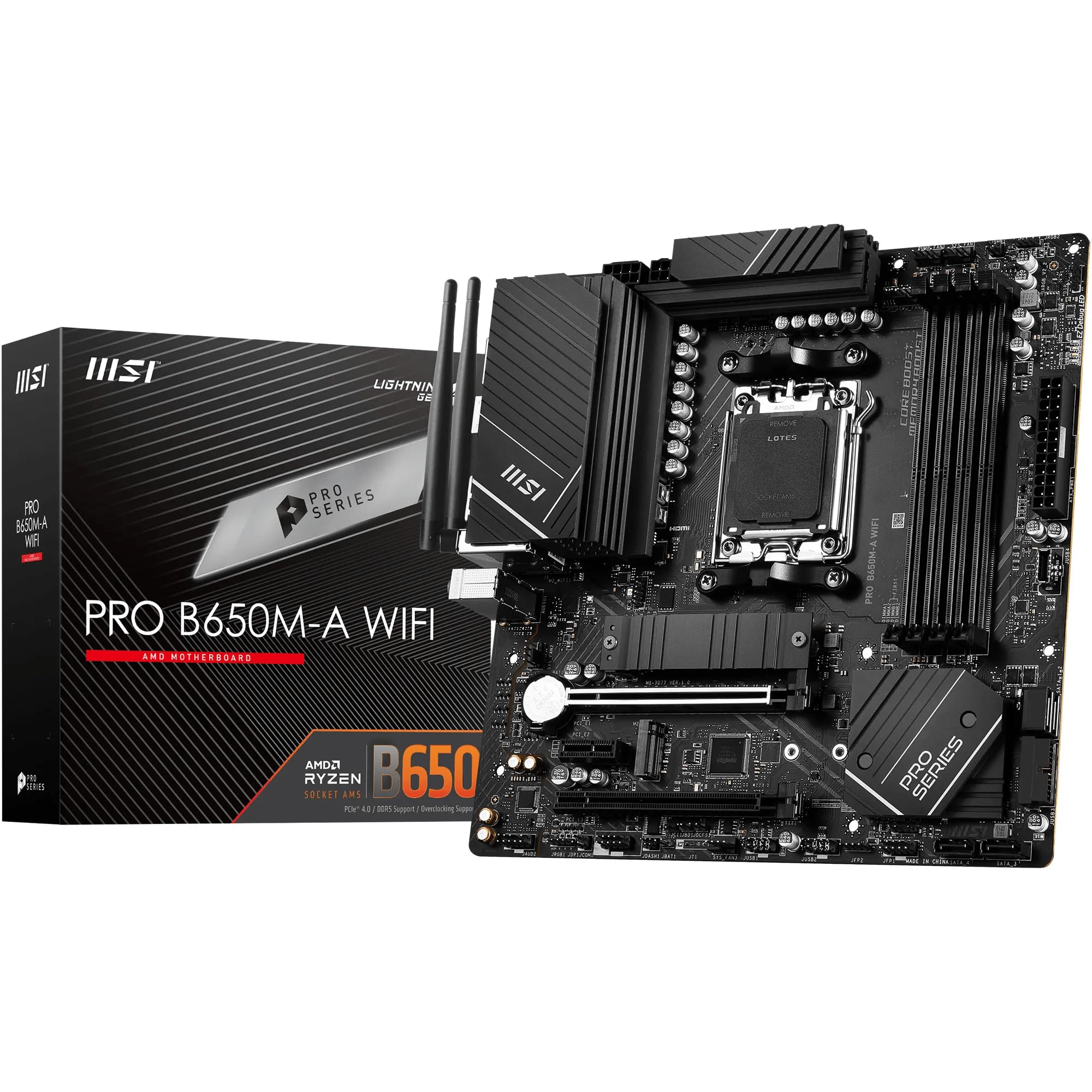 MSI PRO B650M-A WIFI Motherboard, Micro-ATX - Supports AMD Ryzen 9000/8000 / 7000 Series Processors, AM5 - DDR5 Memory Boost 6000+MHz/OC, 2 x PCIe 4.0 x16, 2 x M.2 Gen4, Wi-Fi 6E