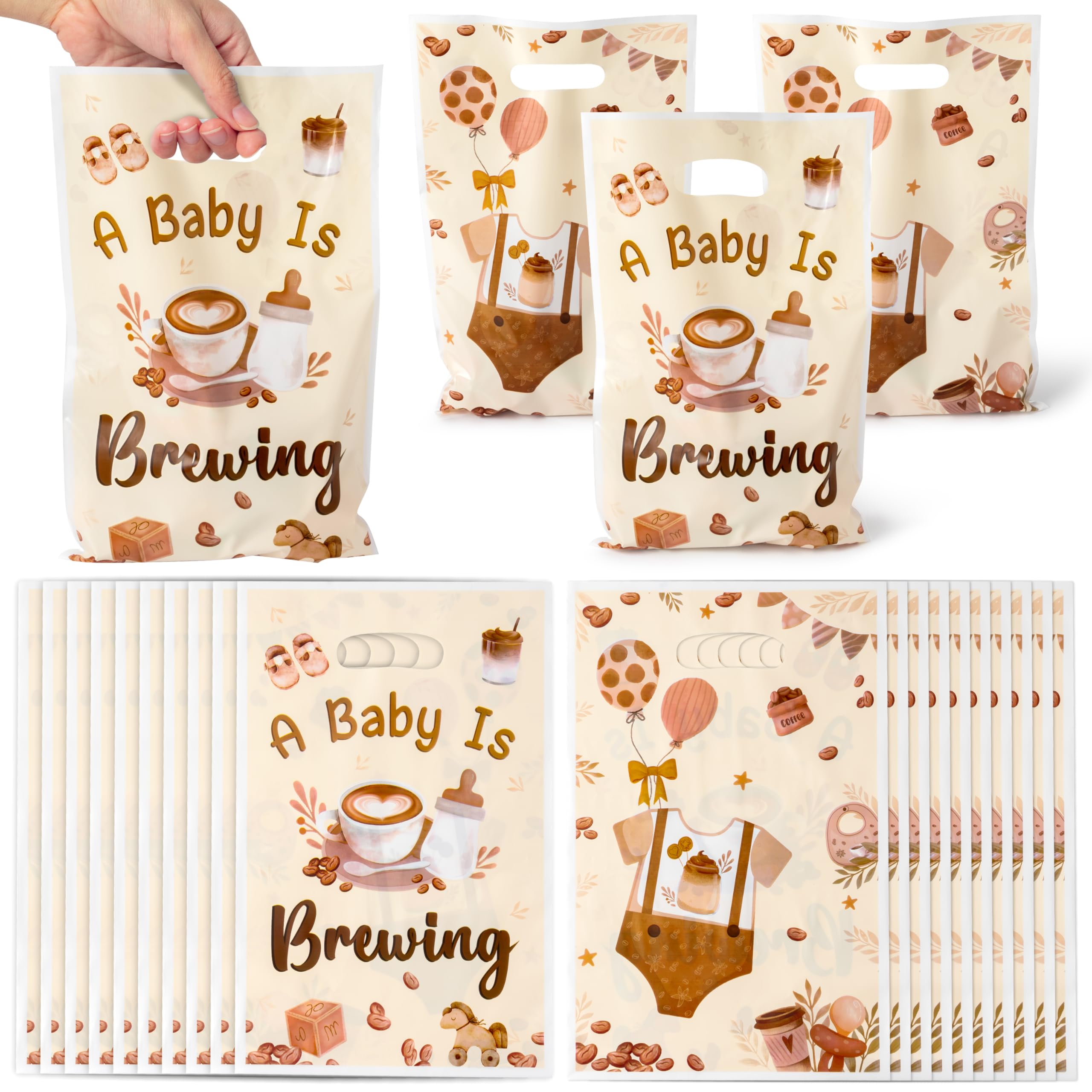 Photo 1 of K1tpde 50PCS A Baby Is Brewing Baby Shower Party Favor Bags, Coffee Theme Brown Plastic Goodie Gift Bags Bulk with Handle for Kid, Baby In Bloom Birthday Decoration for Pregnancy Diaper Party Supplies