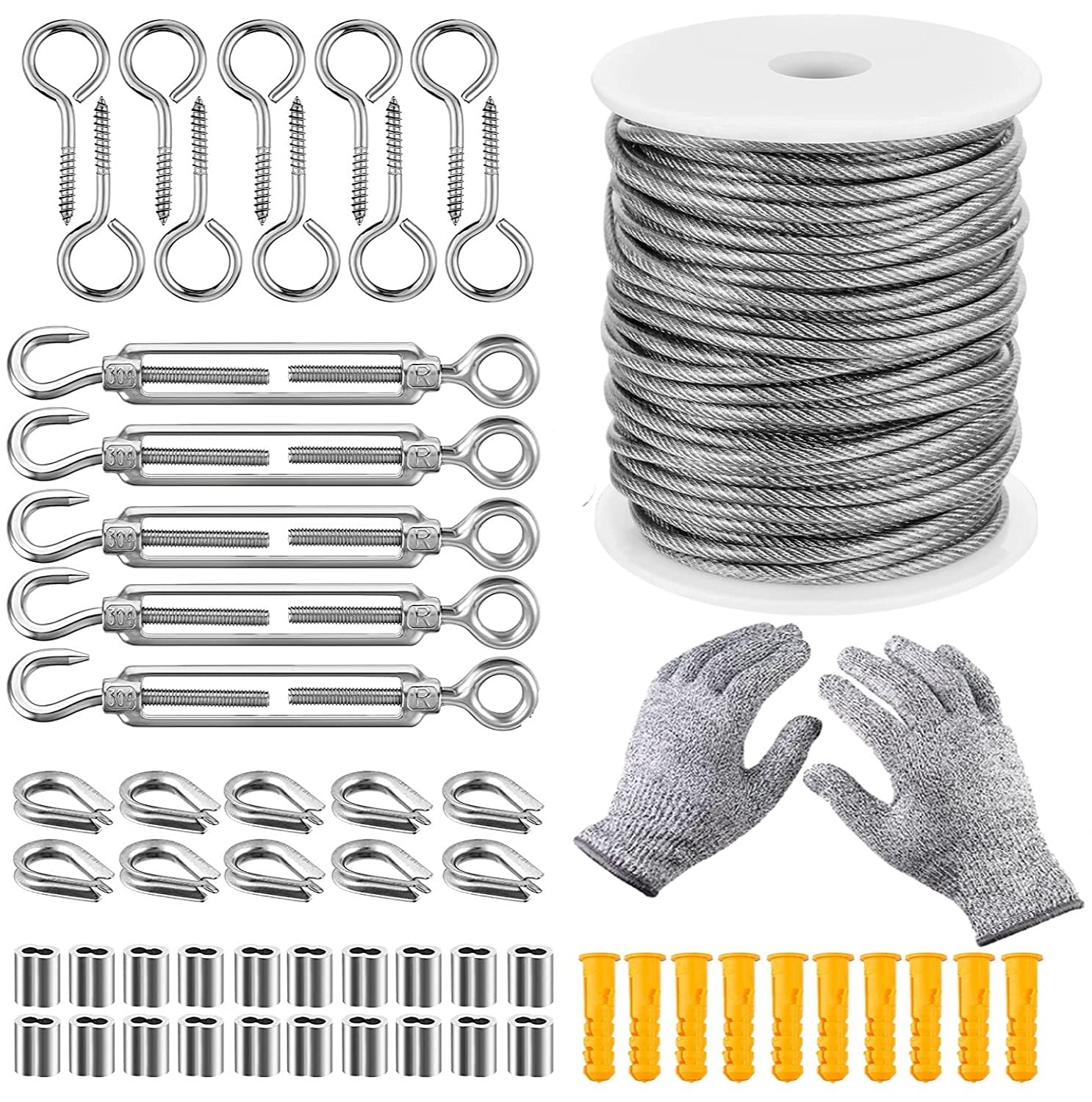 KAHEIGN 58-piece garden wire set with PVC coating, 30 m, robust 304 stainless steel, cable tensioner, roll with screw bracket