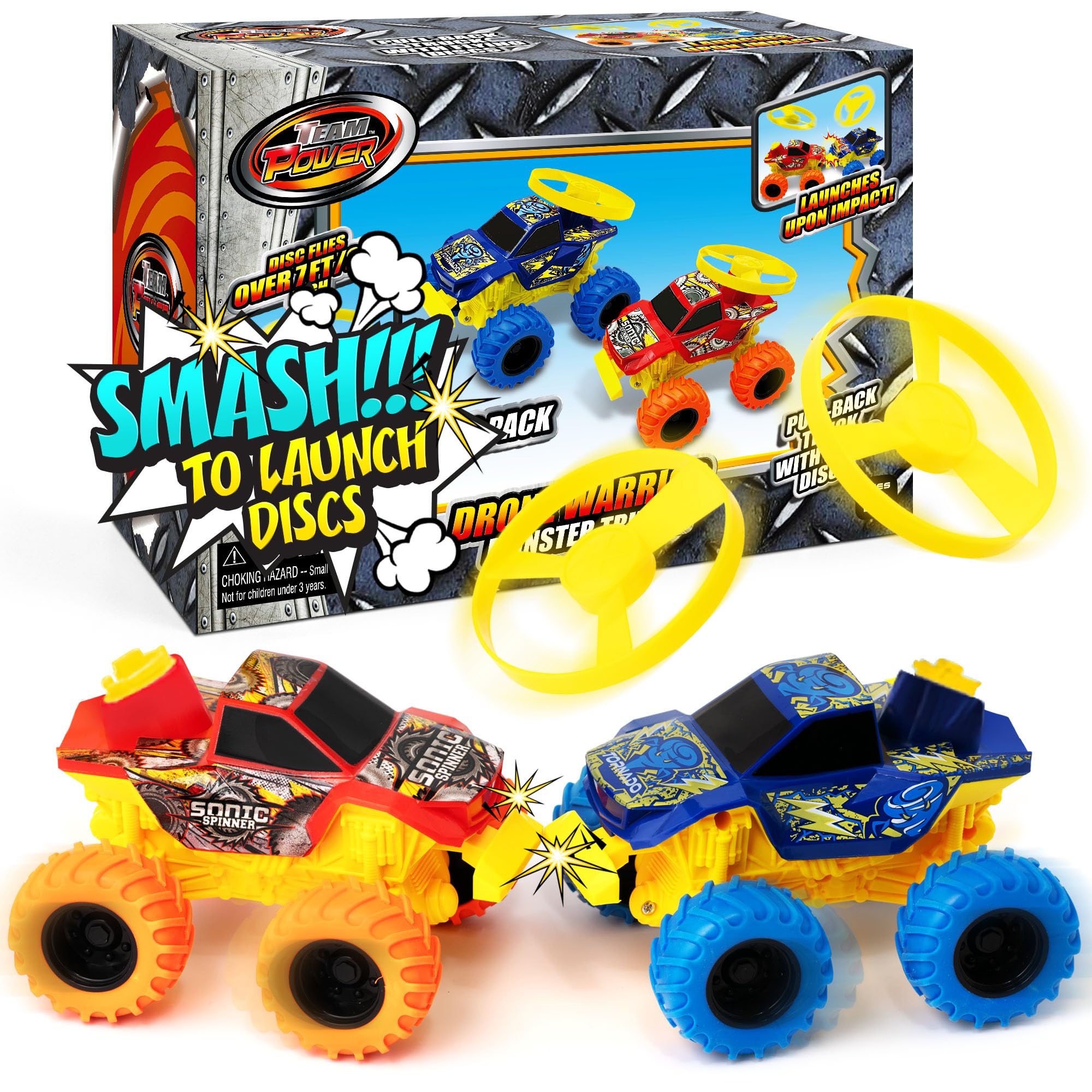 Photo 1 of Team Power Monster Truck Toys Drone Warrior, Disc-Launching 2-Pack 5.2" Battle Trucks with Pull-Back Motors, Age 3, 4-7 and Above for Boys & Girls [Amazon Exclusive]