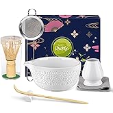Matcha Whisk Set Matcha Kit - 7 Pcs Japanese Tea Set Includes Matcha Bowl with Spout,Bamboo Whisk with Ceramic Holder,Bamboo Scoop and Rest,Sifter,Tea Towel, for Ceremony Matcha Lovers Gift,White