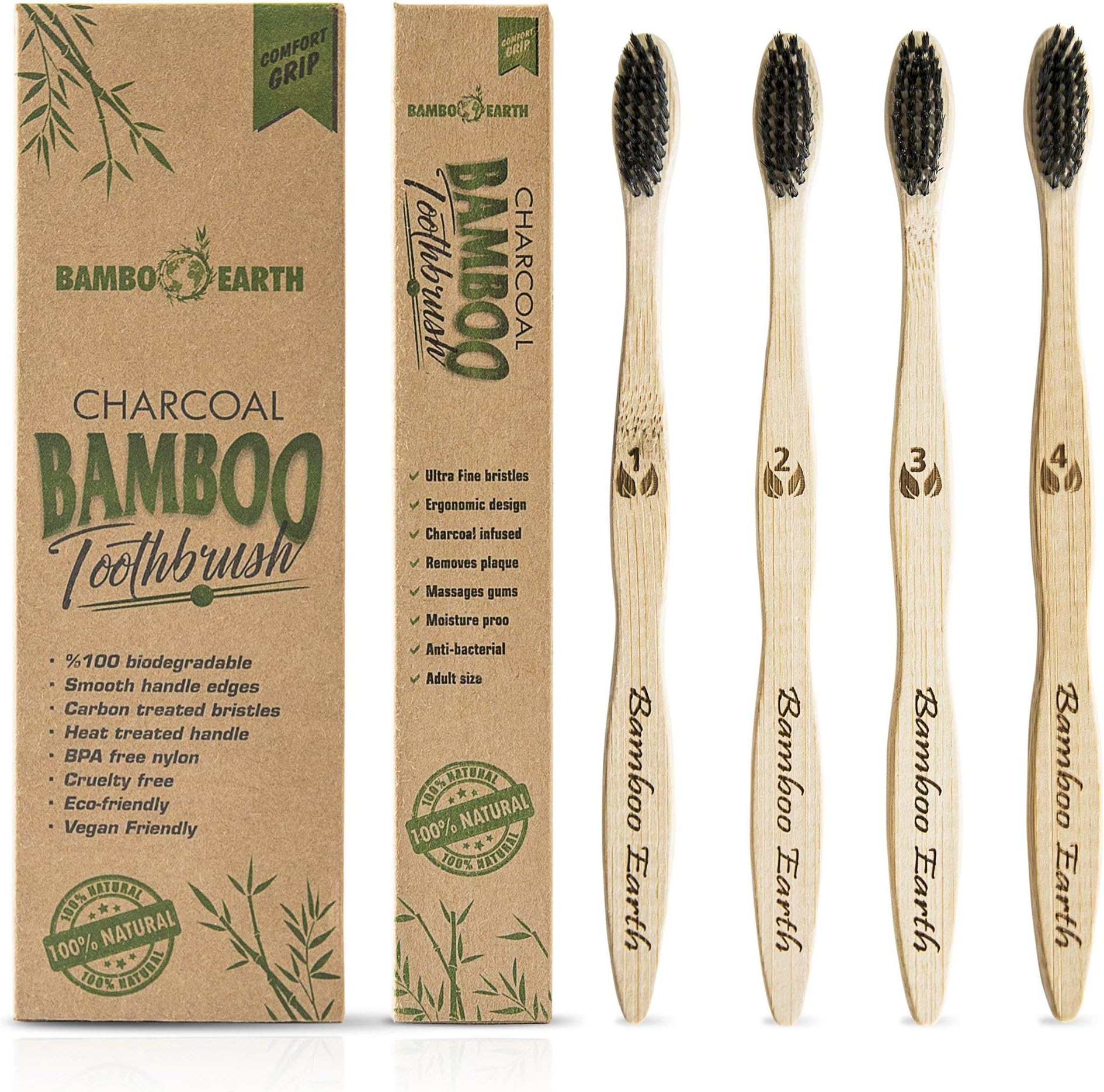 Bamboo Charcoal Toothbrush - Natural Biodegradable And Organic With 100% Eco Friendly BPA Free Bristles Smooth Wood Handle And Zero Waste Packaging - Pack Of 4 Wooden Vegan Toothbrushes By BAMBOEARTH