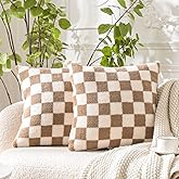 WACOMECO Decorative Throw Pillow Covers - Soft Sherpa Checkerboard Cushion Covers Faux Fur Pillow Cases for Sofa Bedroom Livingroom Car, 18 x 18 in, Khaki and Off White