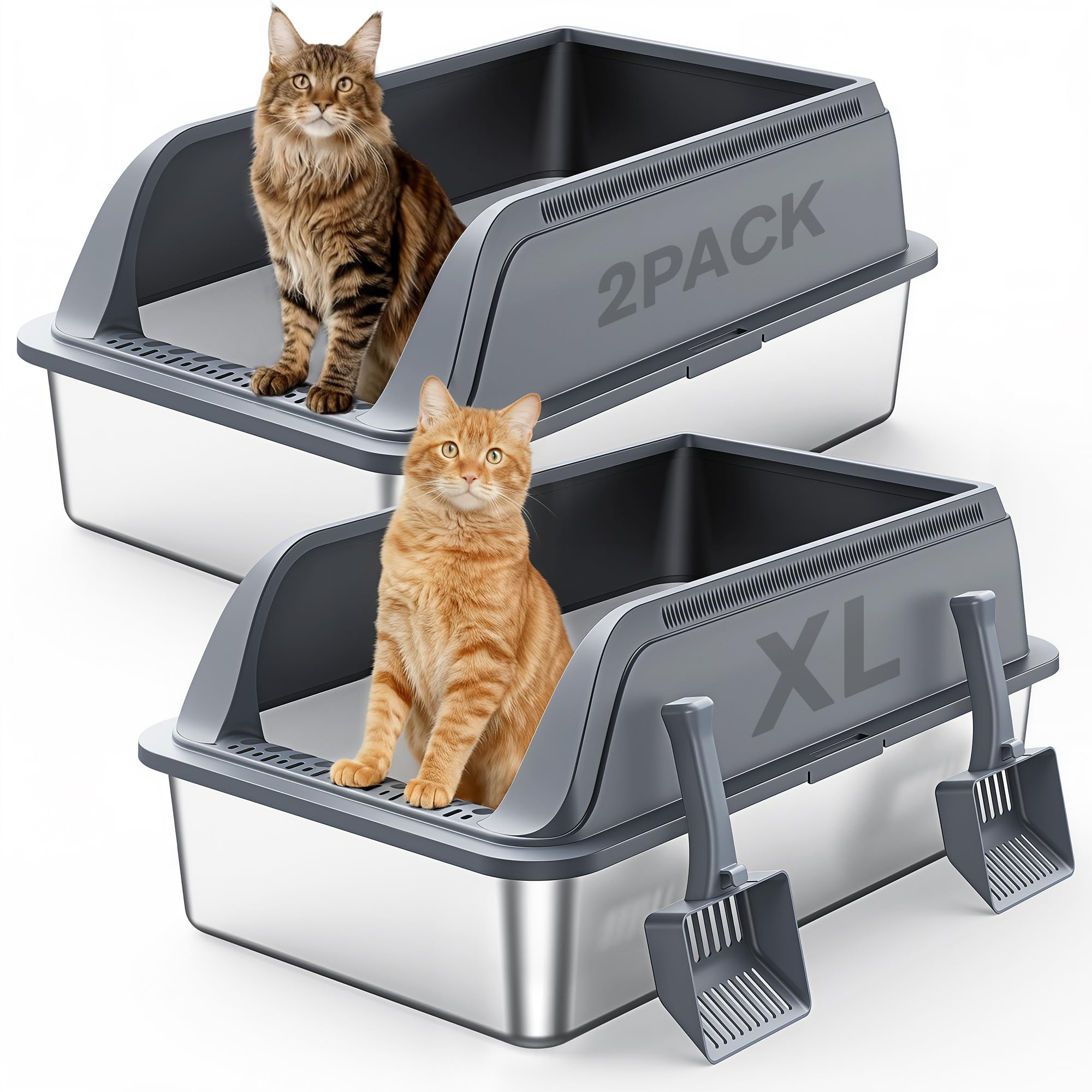 Photo 1 of 2 Packs Stainless Steel Litter Box with High Sides, Extra Large Litter Box for Big Cats & Multiple Cats, Metal Kitty Cat Box Leak-Proof, Odor-Free, Easy Clean, Included Scoop, Dark Grey