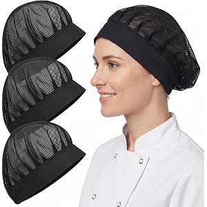JJUNW 3 Pcs Chef Hat for Women Men, Elastic Kitchen Cooking Cap Black | with Hair Net, Adjustable Mesh Chef Hat for Food Serv