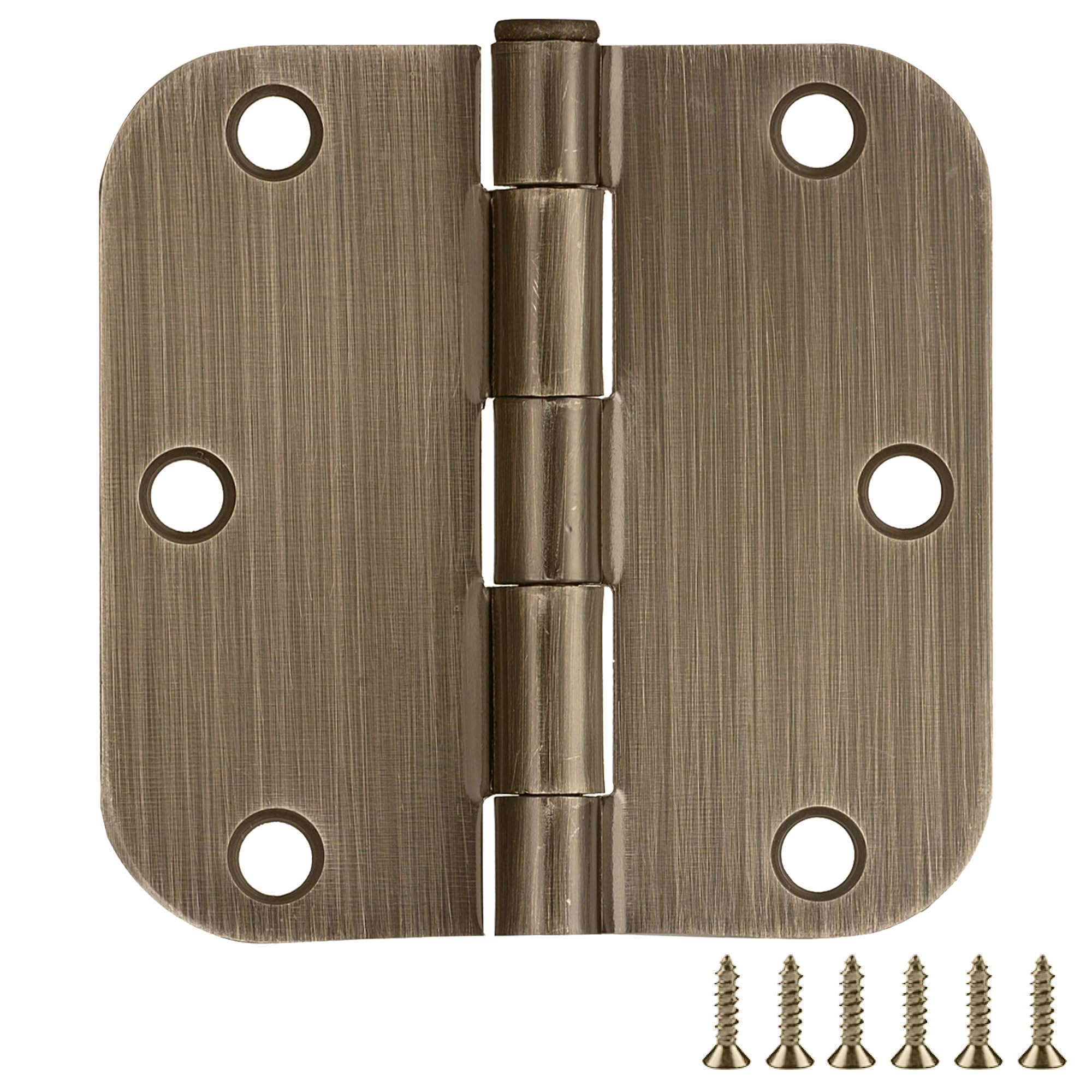 Door Hinges for Interior Doors, 12-Pack, 3.5-inch x 3.5-inch – Rounded 5/8-inch Radius Steel Door Hinge – Antique Brass – Fits Standard Doors – Design House 189753 Image