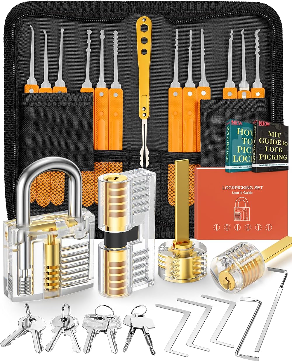 32-Piece Lock Picking Kit with 4 Transparent Training Locks Orange