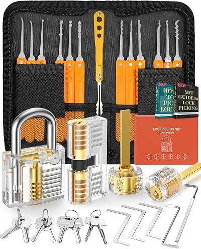 32-Piece Lock Picking Kit with 4 Transparent Training Locks Orange