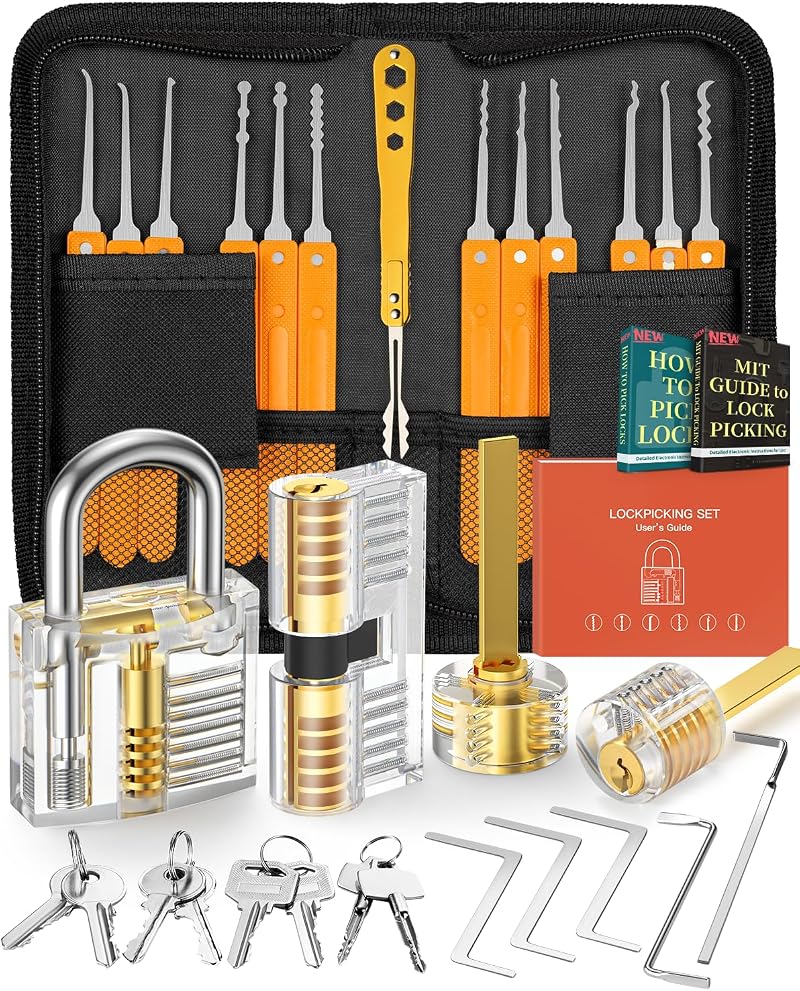 32-Piece Lock Picking Kit with 4 Transparent Training Locks Orange