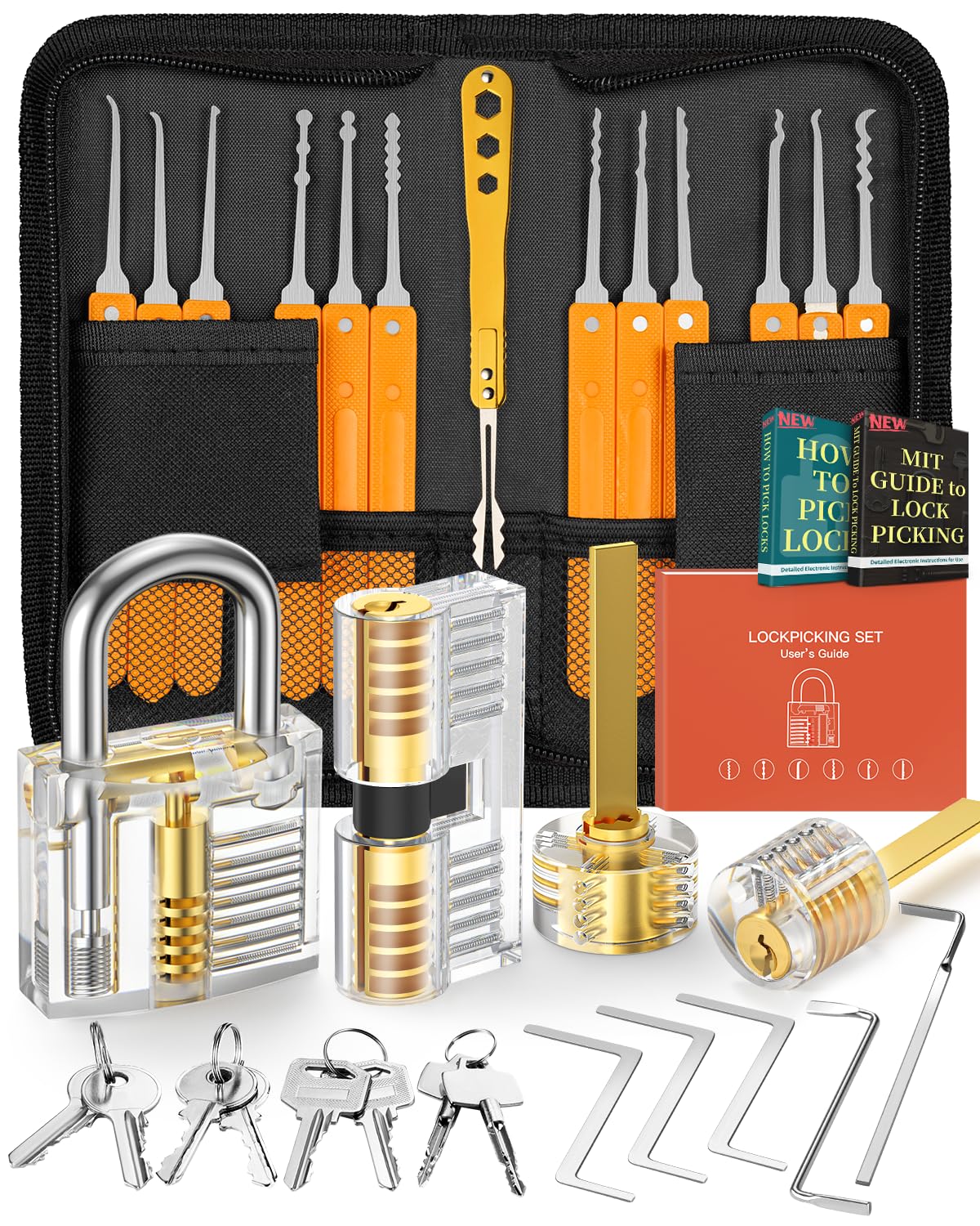 EVENTRONIC Lock Picking Kit, 32-Piece Lock Pick Set with 4 Transparent Training Locks and Manual and Zip Case for Lockpicking, Extractor Tool for Beginner and Locksmith Training(Orange)