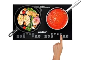 NutriChef Double Induction Cooktop - Portable 120V Digital Ceramic Dual Burner w/ Kids Safety Lock - Works with Flat Cast Iron Pan,1800 Watt,Touch Sensor Control, 12 Controls - PKSTIND48, Black
