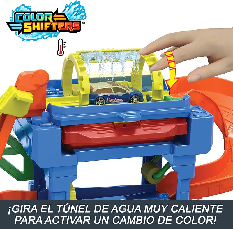 Hot wheels city “vamos correr - vamos correr!” netflix - spinning car wash track para carros de brinquedo, inclui 1 veículo color shifter, +4 anos (mattel htn80)