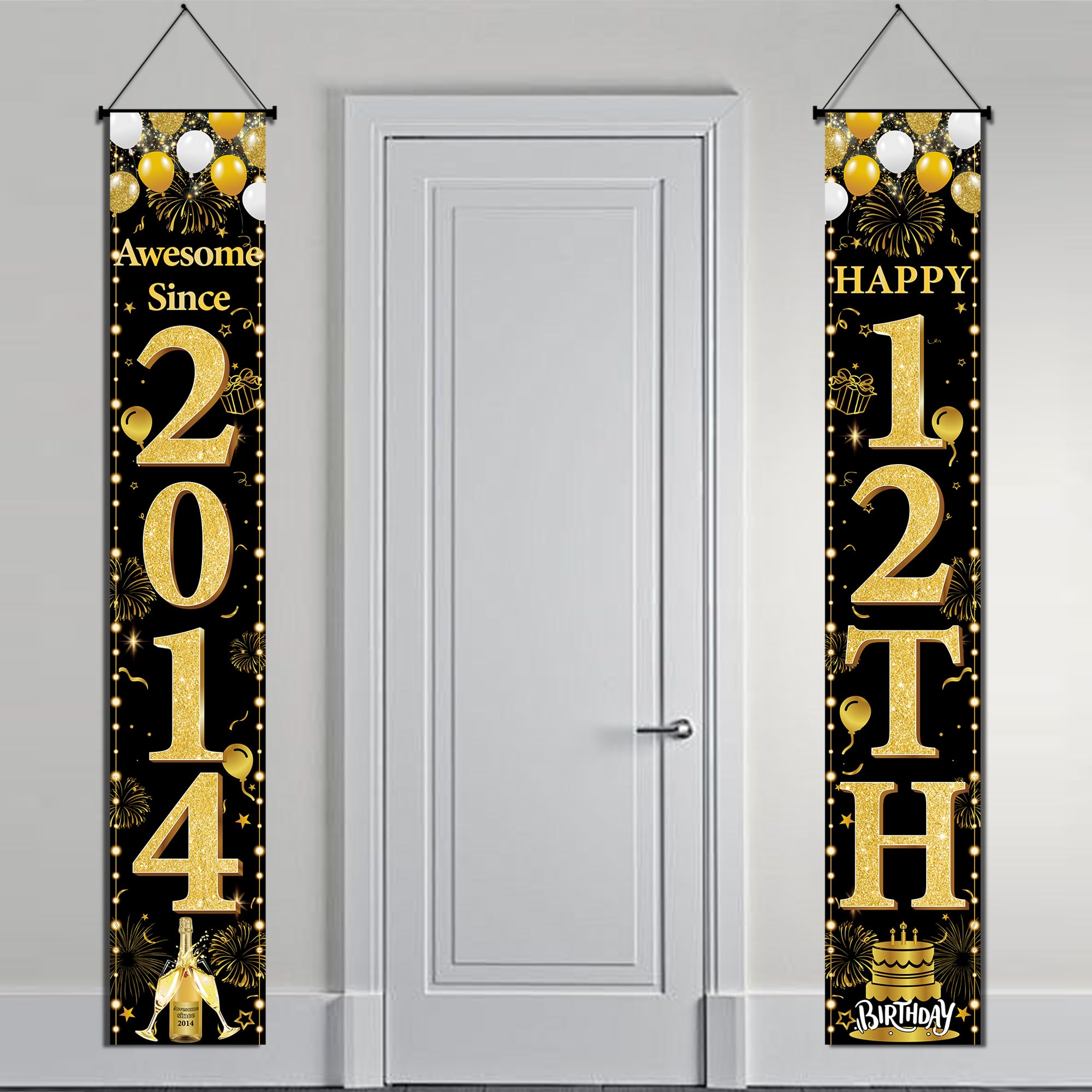 12th Birthday Decorations Door Banner - Black Gold Awesome Since 2014 Happy 12th Birthday Party Door Porch Sign for Girls Boys 12 Years Old Party Photo Booth Background Decor, 180 × 30 cm