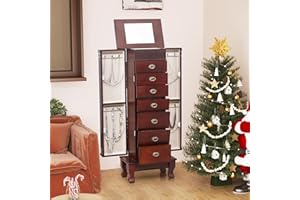 AVAWING Standing Jewelry Cabinet Armoire with Top Flip Mirror, 7 Drawers & 12 Necklace Hooks, Jewelry Box Storage Organizer with 2 Side Swing Doors (Reddish Brown)