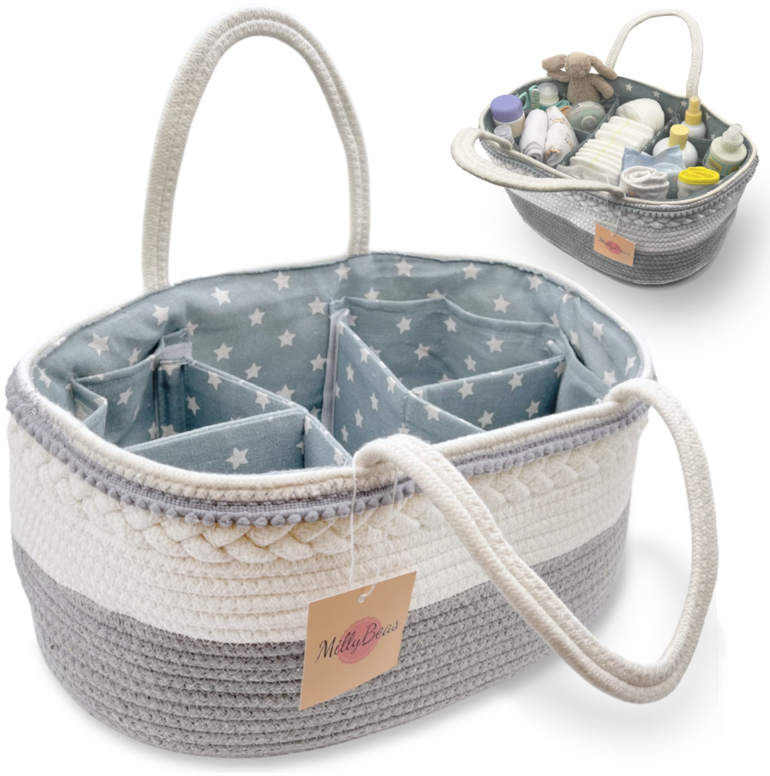 MillyBeas Baby Nappy Caddy Organiser, Large Cotton Rope Basket for Nursery Diaper Storage - Baby Essentials for Newborn, Gifts Hamper for Mums