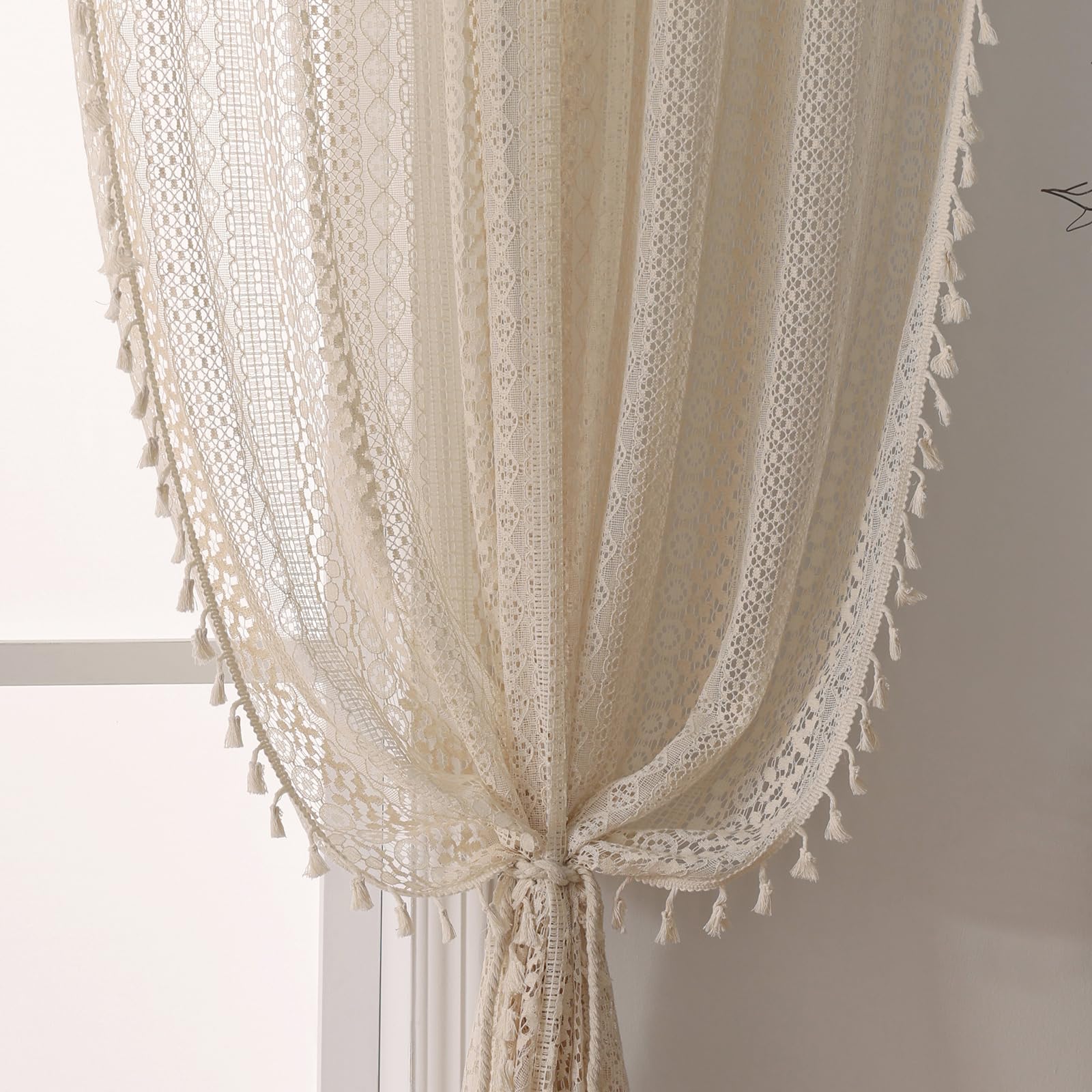 WAZZIO Boho Crochet Curtains for Bedroom, Cotton Cafe 45 Inch Length 2 Panels, Rod Pocket Vintage Farmhouse Lace Sheer Tassel Bohemian Beige Short Kitchen Bathroom