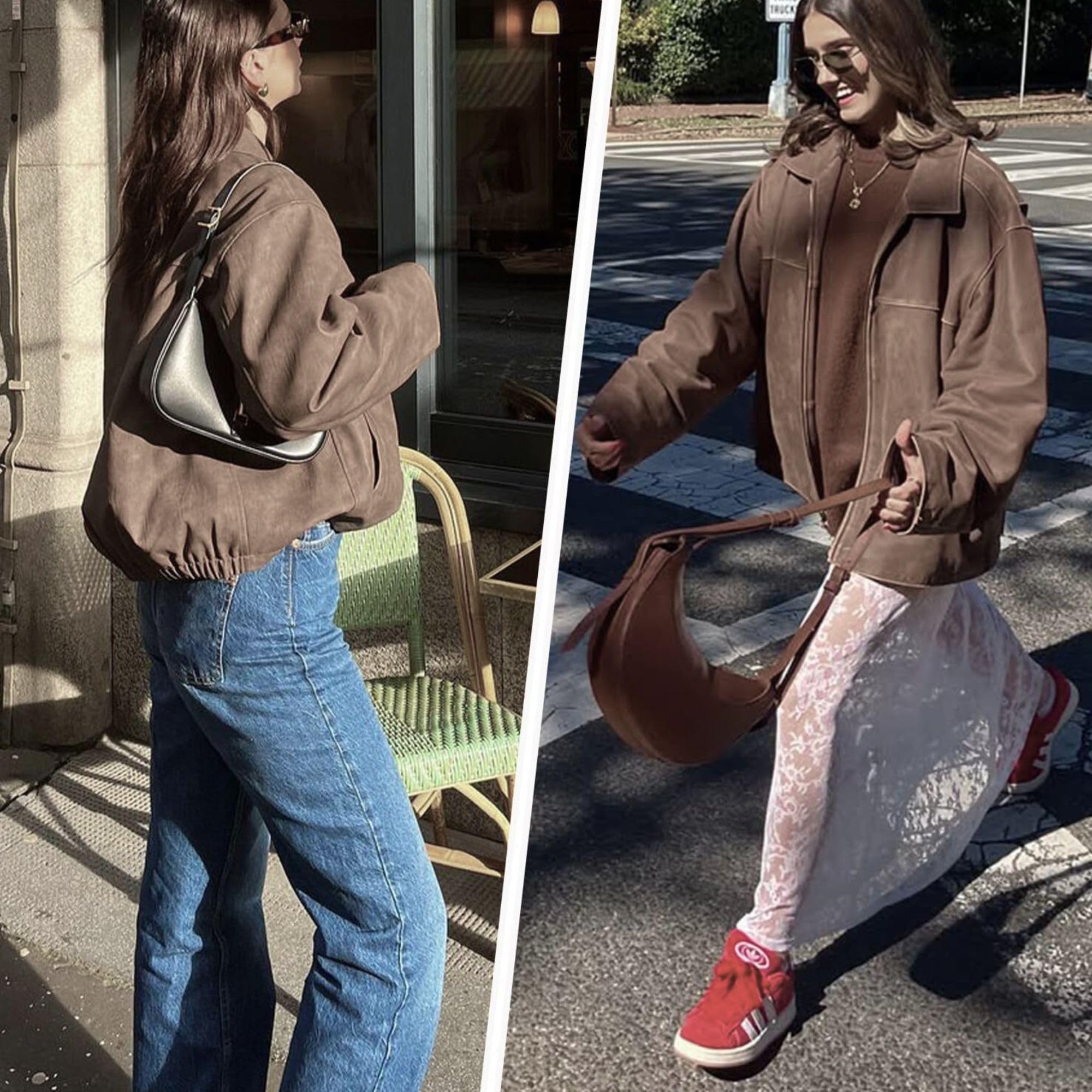 Xunger Women's Faux Suede Bomber Jacket Spring Lapel Pilot Coat Casual Oversized Long Sleeves Trendy Streetwear Outerwear, Coffee, Medium