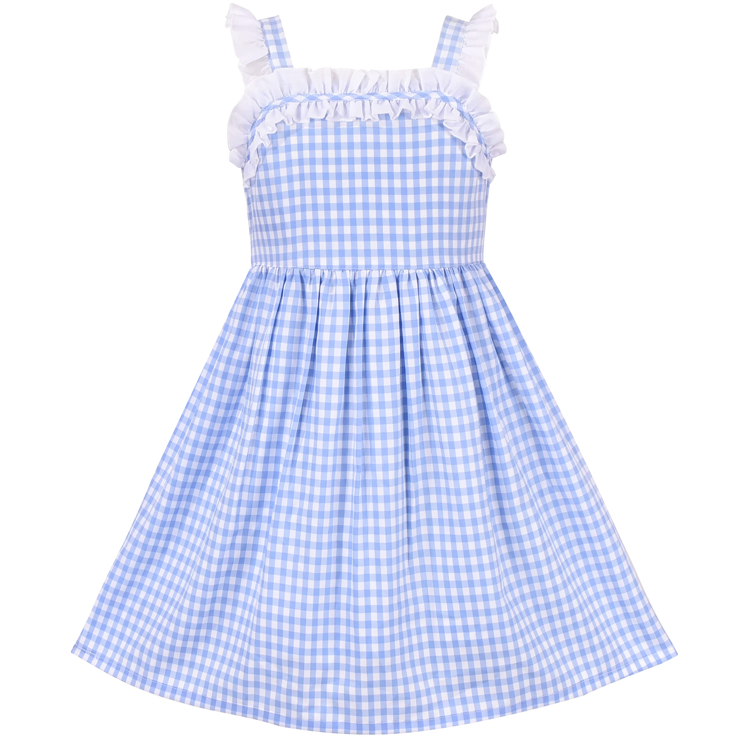 Sunny Fashion Girls Dress Blue White Checkered Ruffle Tank Sundress Age 7 Years