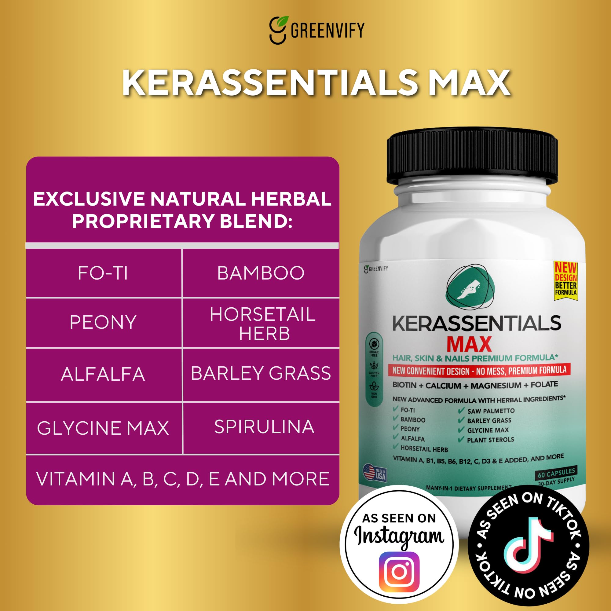 GREENVIFY Kerassentials Max - Hair, Skin & Nails Support Supplement | Biotin, Calcium, Magnesium, Folate & Herbal Blend | Premium Formula | 60 Capsules, Vegan & Gluten-Free - Image 3
