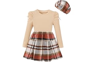 SODLON Girls Clothes Kids Fall Winter Outfits Puff Sleeve Top Girls Plaid Skirt Sets Casual Tween Girl Dresses Size 5-12Y