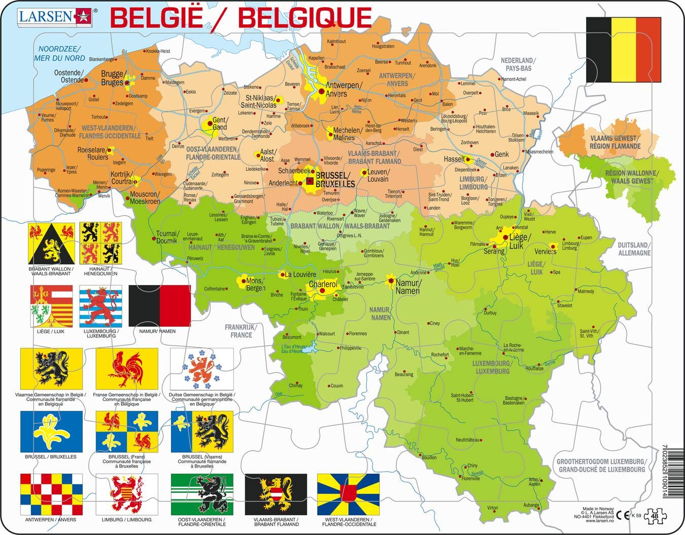 Larsen K59 Belgium Political Map Puzzle – 48-Piece Geography Jigsaw for Kids, Multilingual (Dutch/French) Edition - Great for Learning