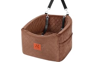 HEGGOOE Dog Car Seat for Small Medium Dogs, Memory Foam Booster Car Seat for Dogs up to 35 lbs, Elevated Pet Car Seat, Travel Safety Bed with Washable Removable Cover and Storage Pockets (Brown)