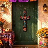 Day Of The Dead Floral Cross Door Sign Mexican Wooden Wall Hanging Decor | 27.6 X 11.8 Inch Wooden Cross Door Sign, Colorful Floral Design, Hanging Rope Included, for Home Church Door Wall Decor