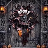 Riceshoot 24 Inch Halloween Wreath for Front Door Dark Gothic Spooky Decor | Halloween Outdoor Indoor Wreath, Artificial Skull Black Rose, Maple Leaves, Scary Creepy Decor for Front Door & Wall
