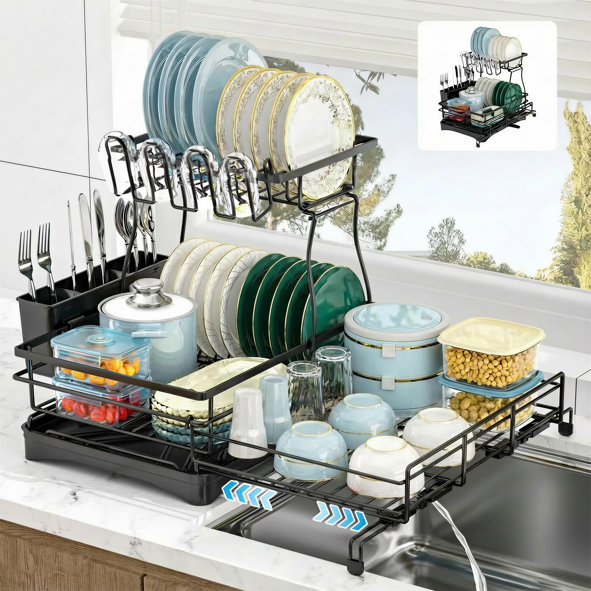 Photo 1 of 2 Tier Dish Drying Rack, Large Extendable Dish Racks for Kitchen Counter or Over Sink, Dishrack with Drainboard, 2-in-1 Anti-Rust Stainless Steel Dish Drainer with Utensil Holder & Cup Holder (Black)