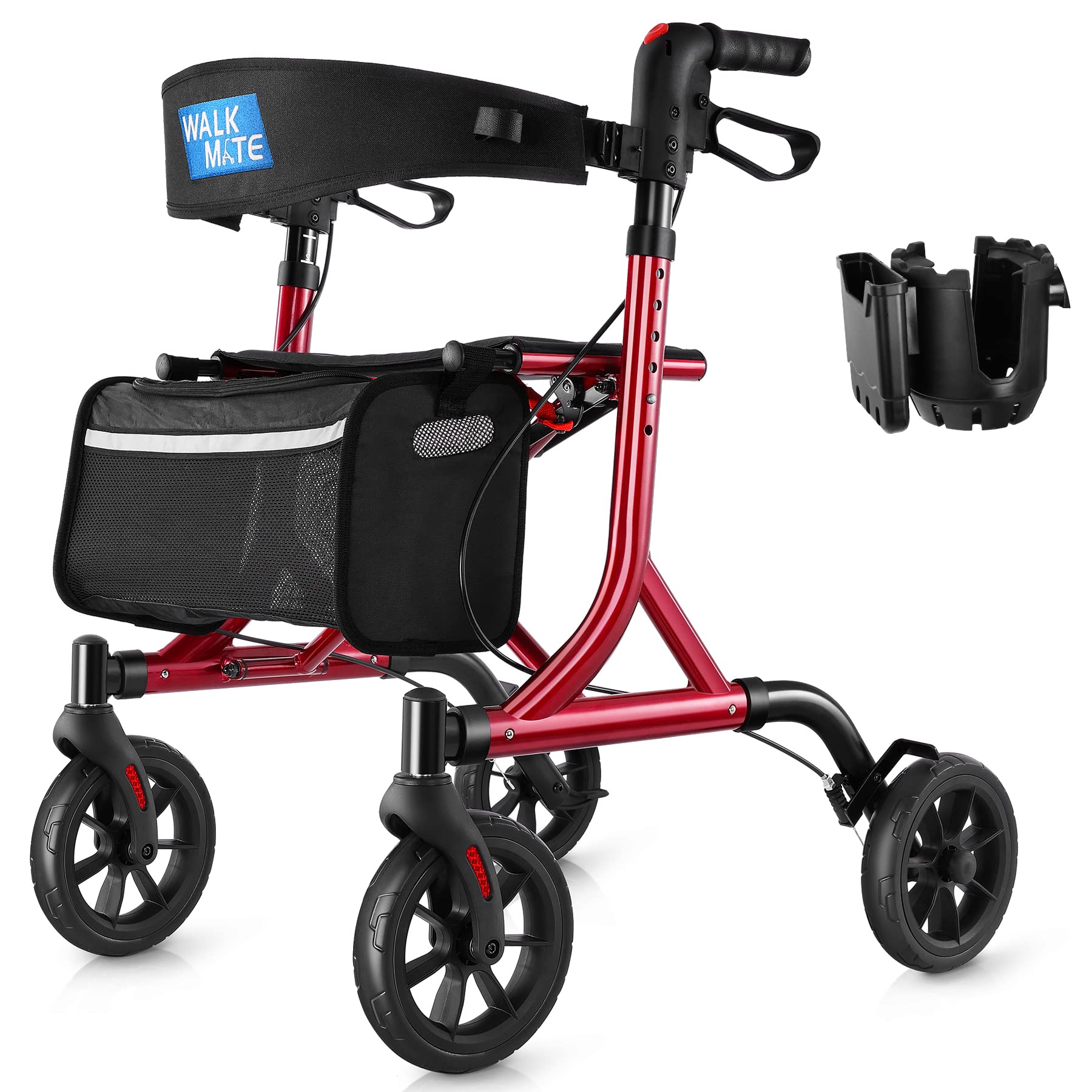 WALK MATE Rollator Walker for Seniors with Cup Holder, Upgraded Thumb Press Button for Height Adjustment, 4 x 8 Wheels Walker with Seat Padded Backrest Folding Lightweight Walking Aid, Red