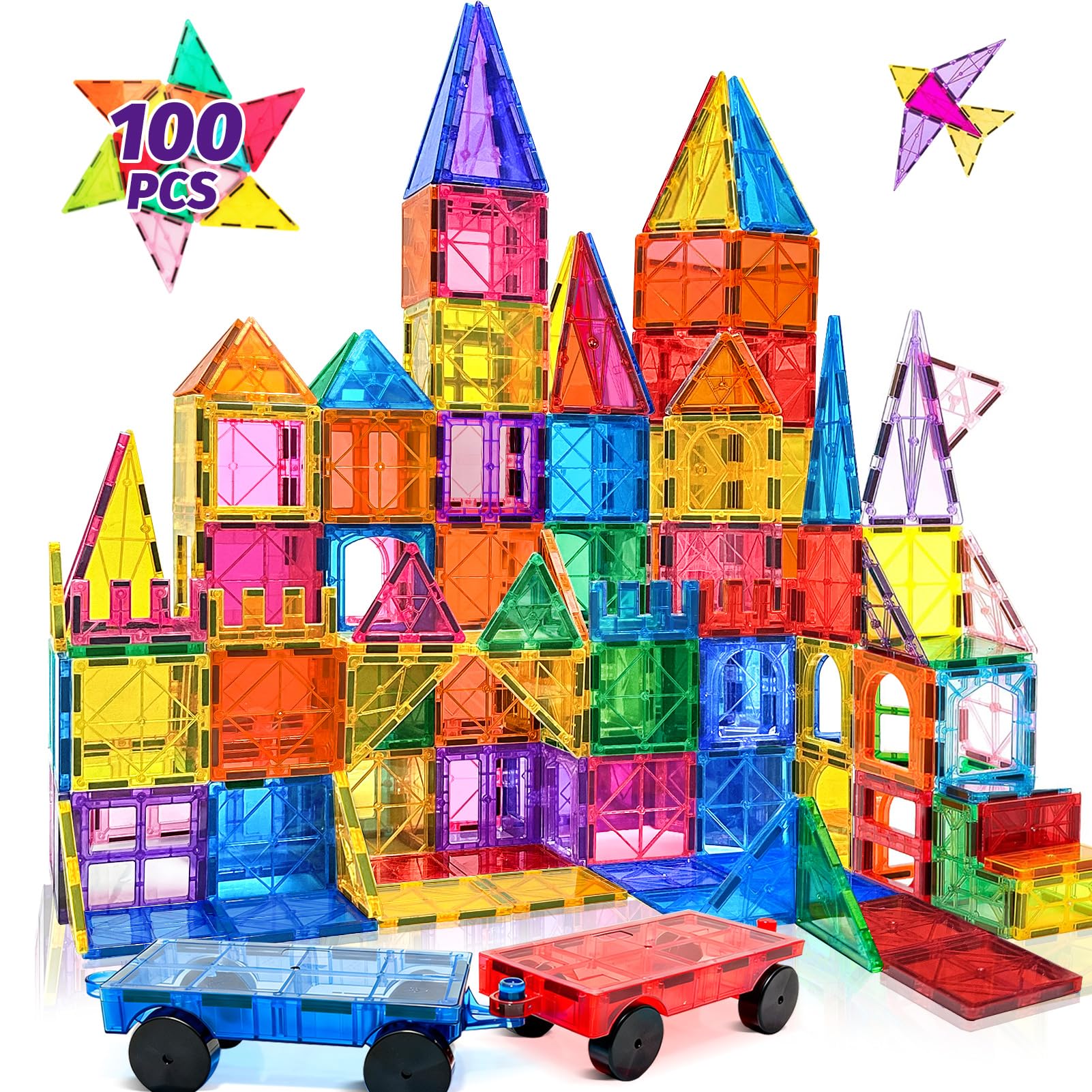 Photo 1 of 100PCS Magnetic Tiles Blocks for Kids Ages 3-5 4-8 with 2 Cars,STEM Learning Educational Preschool Magnet Building Toys for Toddlers,Christmas Birthday Gifts Toys for 3 4 5 6 7 8+ Year Old Boys Girls