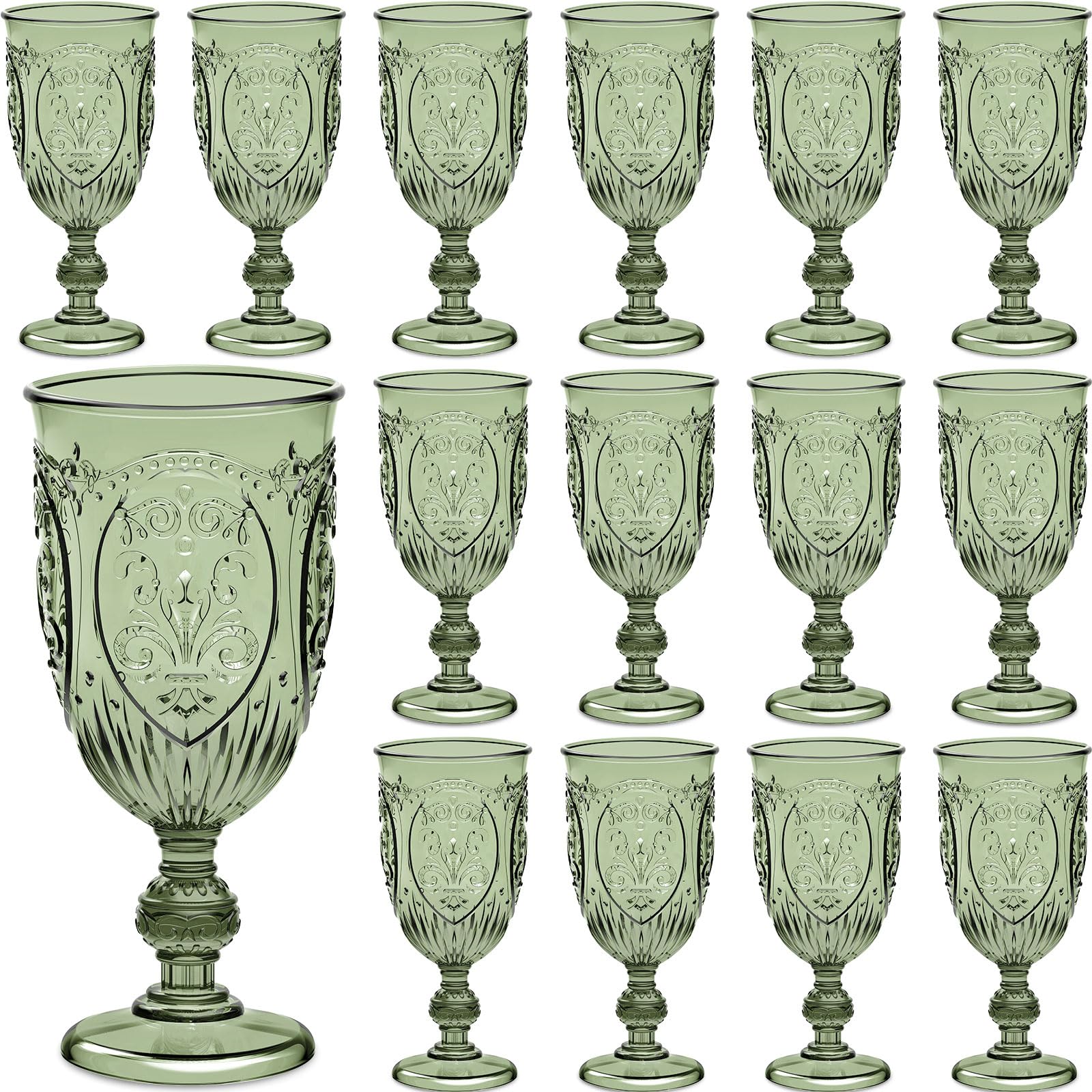 Photo 1 of Wiwiqing 24 Pcs Plastic Goblets 7.5oz Vintage Goblet Plastic Wine Glasses Colored Retro Embossed Water Goblets for Wine Bar Juice Baby Shower Wedding Reception Grand Event Party (Olive Green)