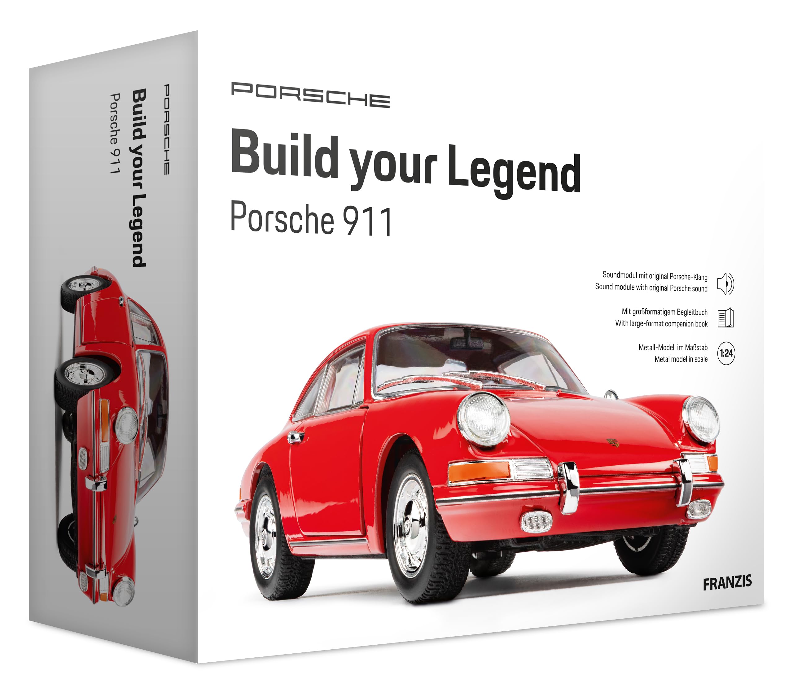 FRANZIS 67247 Porsche 911 Build Your Legend Detailed Model Kit Including Sound Module, LED Lighting, Accompaniment Book, White