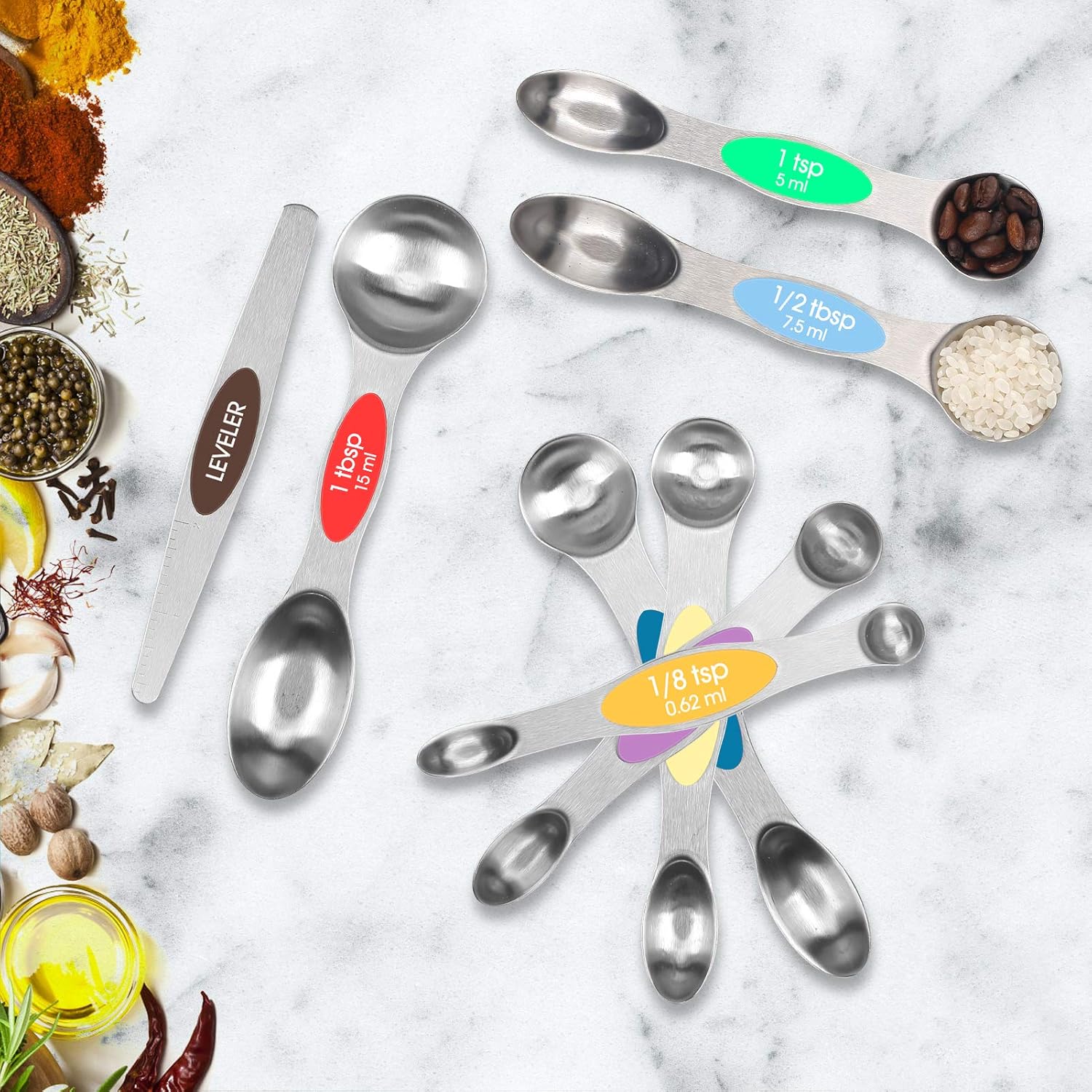TEMEISI Magnetic Measuring Spoons Set, Dual Sided Stainless Steel Measuring Spoons Fits in Spice Jars, Stackable Teaspoon for Measuring Dry and Liquid Ingredients - Set of 8: Kitchen & Dining