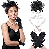Haakong 1920s Fascinator Hat for Women Flower Headpiece Gloves Necklace Earring for Tea Party Wedding