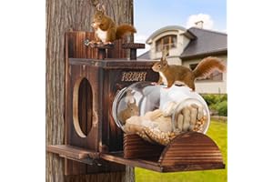 FUZZIPET Squirrel Feeder, Large Squirrel Feeders for Outside, Durable Squirrel House, Wooden Chipmunk Feeder for Corn Peanuts with Removable Storage Bottle, 2 Stable Squirrel Stools