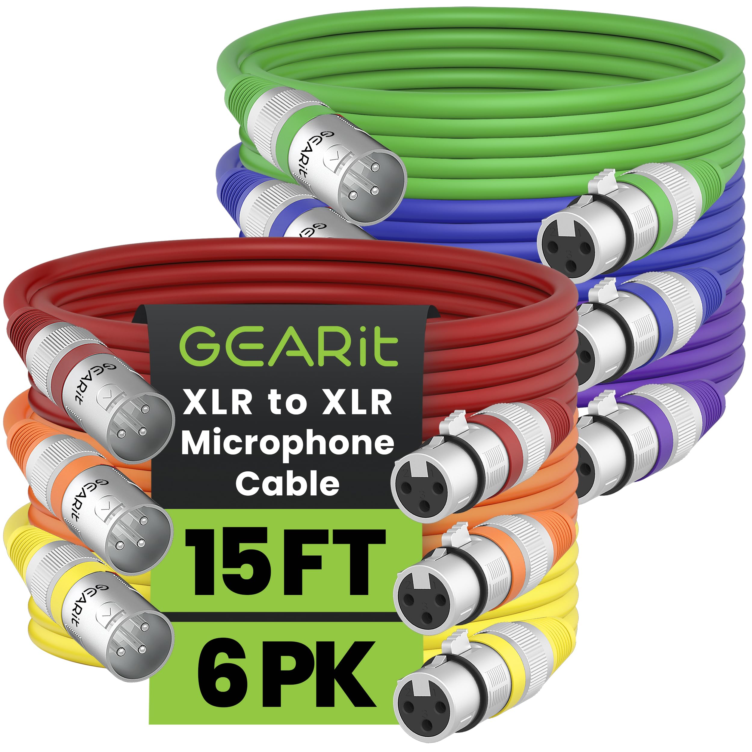 GEARit XLR to XLR Microphone Cable (15 Feet, 6 Pack) XLR Male to Female Mic Cable 3-Pin Balanced Shielded XLR Cable for Mic Mixer, Recording Studio, Podcast - Multi Colored, 15Ft, 6 Pack