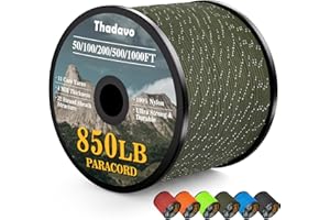 Thadavo Reflective Paracord Rope 850Ib, 50/100/200/500/1000ft 4MM 11 Strand Parachute Cords, Tactical Paracord String for Camping, Fishing, Clothesline, Hammock, Tent, Bracelet, Army Green 100FT