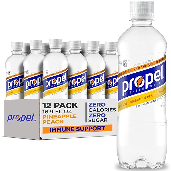 PROPEL IMMUNE SUPPORT ELECTROLYTE ENHANCED WATER SPORTS DRINK, PINEAPPLE PEACH FLAVORED WATER, 100% DV VITAMIN C + ZINC, ZERO CALORIE & ZERO SUGAR HYDRATION WITH ELECTROLYTES AND VITAMINS, 16.9 FL OZ WATER BOTTLES (12 PACK)