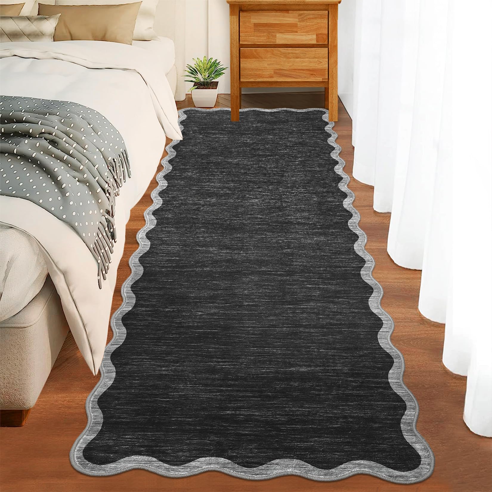 GarveeHome Scalloped Washable Runner Rug 2x6 Runner Modern Non Slip Kitchen Rugs Farmhouse Entryway Rug Soft Bathroom Rugs Stain Resistant Carpet for Laundry Bedroom 2 ft x6 ft Black