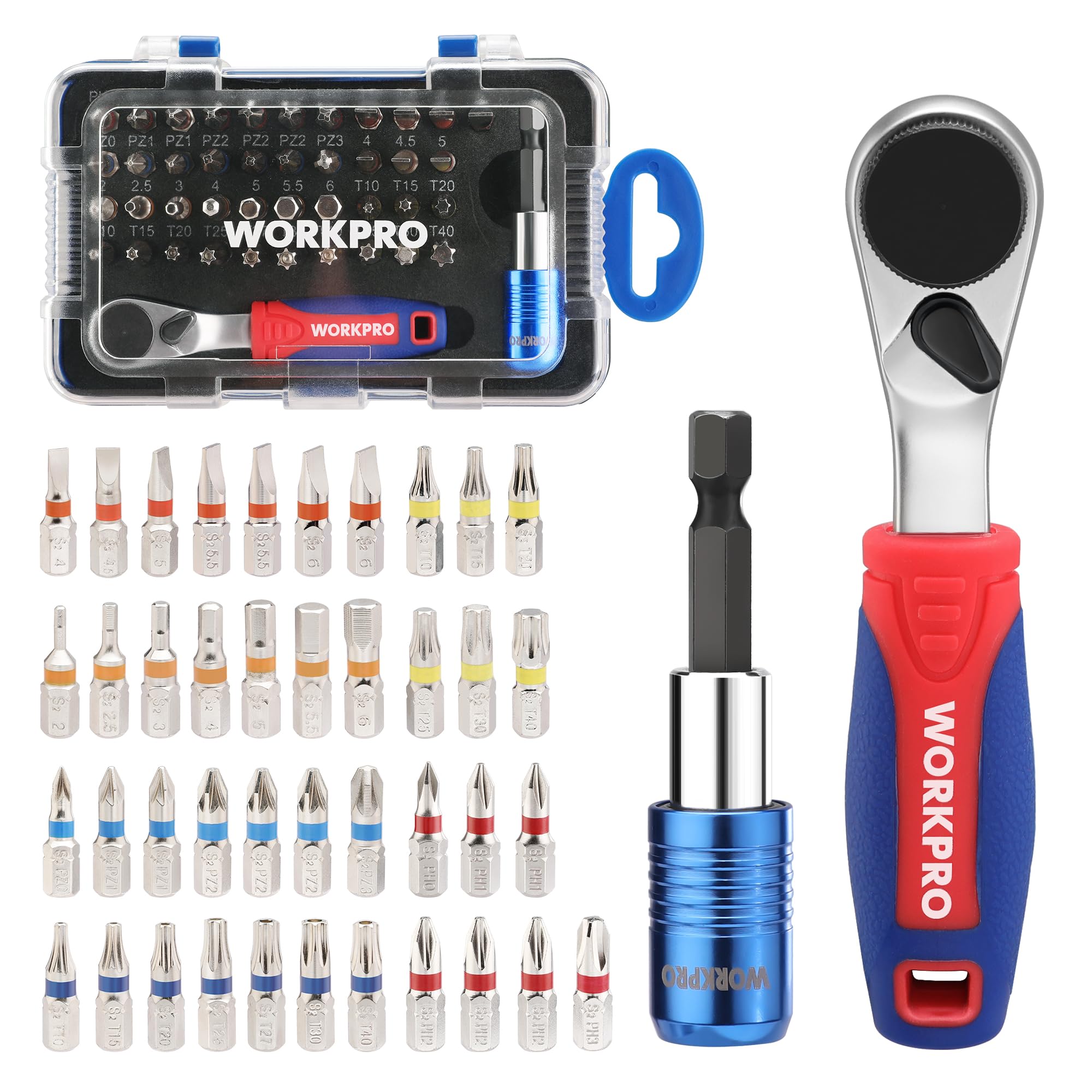 WORKPRO 43-Piece Mini Ratchet Wrench Screwdriver Bits Set, 1/4" Drive Mini Ratcheting Screwdriver, 90 Degree Small Reversible Drive Handle with Torx, Phillips, Flat Head, Pozidrive, Hex Bits